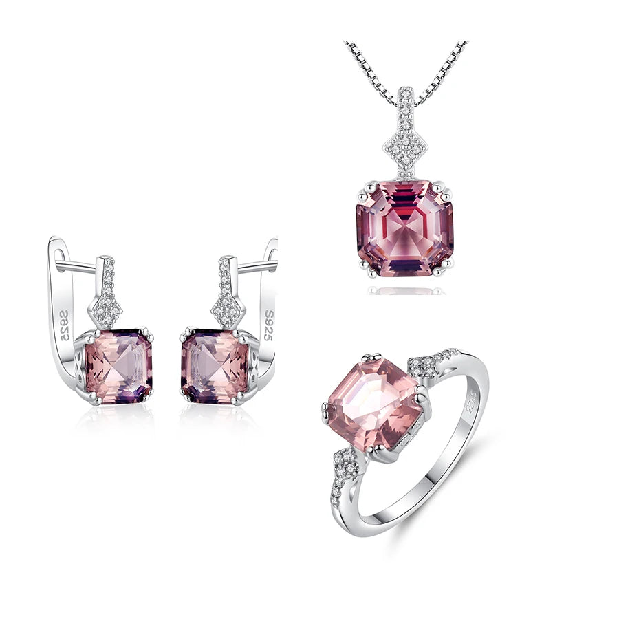 Hot Luxury Elegant Wholesale Price Wedding Jewelry 925 Sterling Silver Rhodium Plated pink Gemstone Jewelry Set