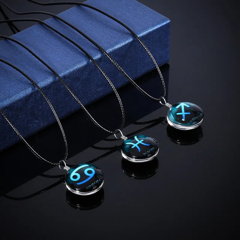 SC Fashion Glow in the Dark Pendant Necklace Trend Fancy Glass Gemstone Luminous Zodiac Necklace for Women
