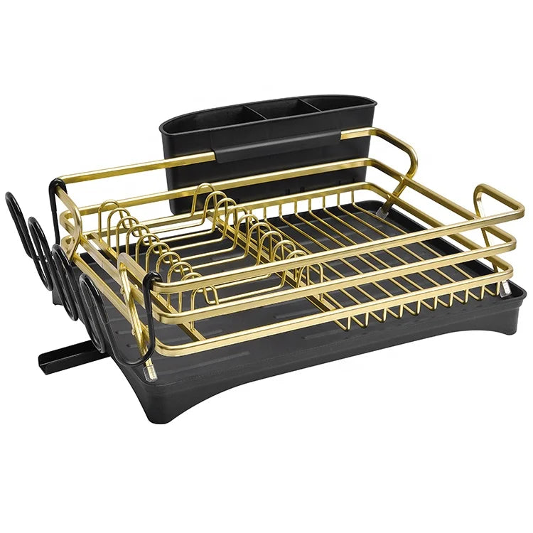Kitchen Dish Drainer Rack Gold Aluminum Dish Drying Rack Over the Sink Metal Drainer Storage Rack With Drainboard