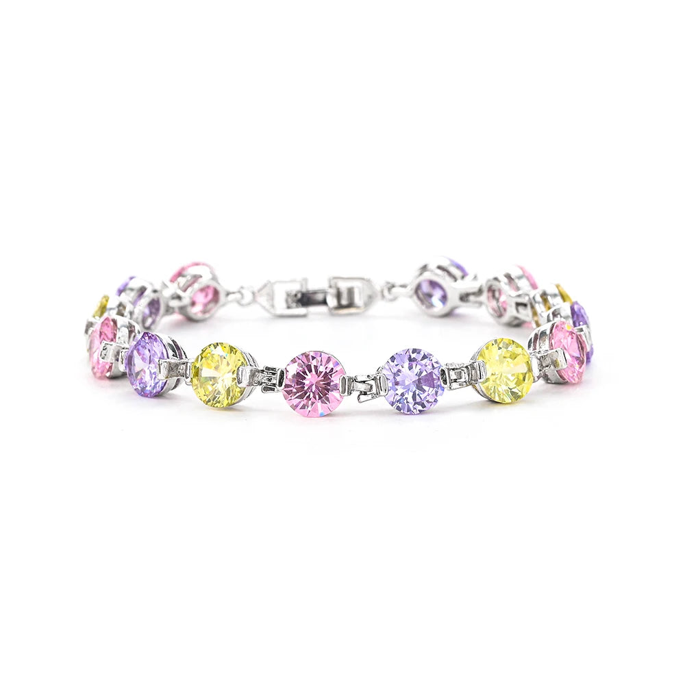 Factory Wholesale Rhodium Plated Round Zircon Chain & Link Bracelet with Colored Gemstones for Women-Trendy Gift