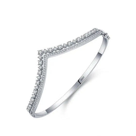 925 Sterling Silver V-Shape Bracelet Classic Fashion Hand Wrist Cuff Cubic Zirconia Crown Open Bangle Rhodium Plated for Parties