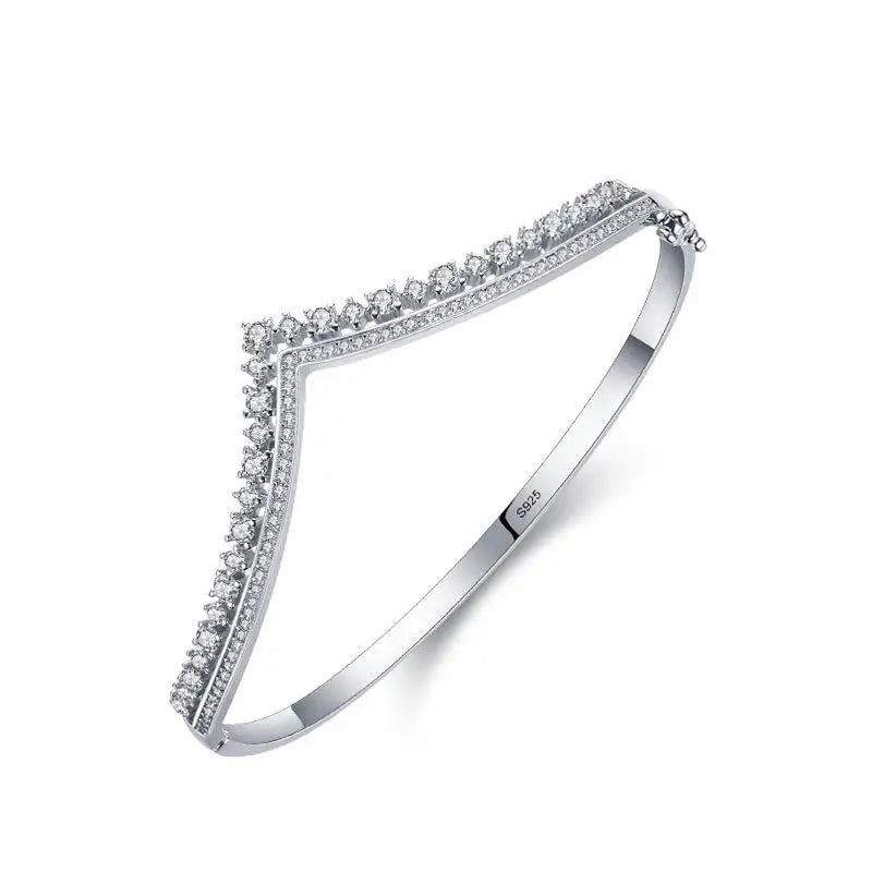 925 Sterling Silver V-Shape Bracelet Classic Fashion Hand Wrist Cuff Cubic Zirconia Crown Open Bangle Rhodium Plated for Parties