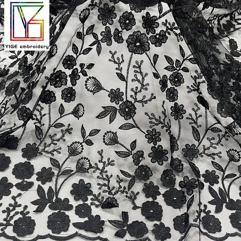 100% Polyester Black Lace Material African Dress Tulle Fabric 3d Floral Embroidered Lace Fabric