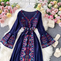 Spring Autumn Indie Folk Heavy Flower Embroidery Dress Women V Neck Flare Long Sleeve Long Vestido High Waist Drawstring Dresses