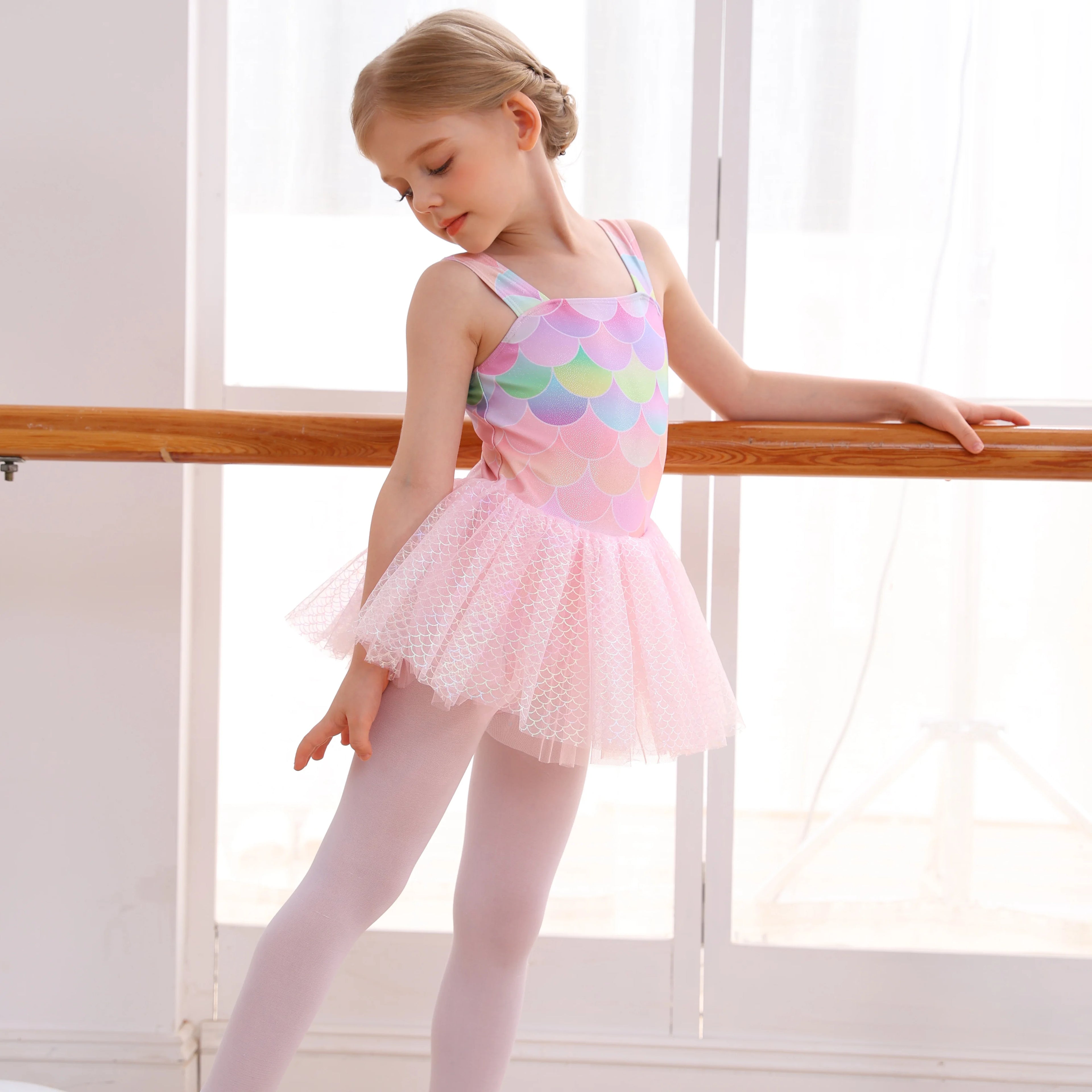 B111 New Arriving Colorful Fish Scale Patterns  Mesh Splicing Dress Ballet Leotard Kids Gymnastics Leotards for Girls