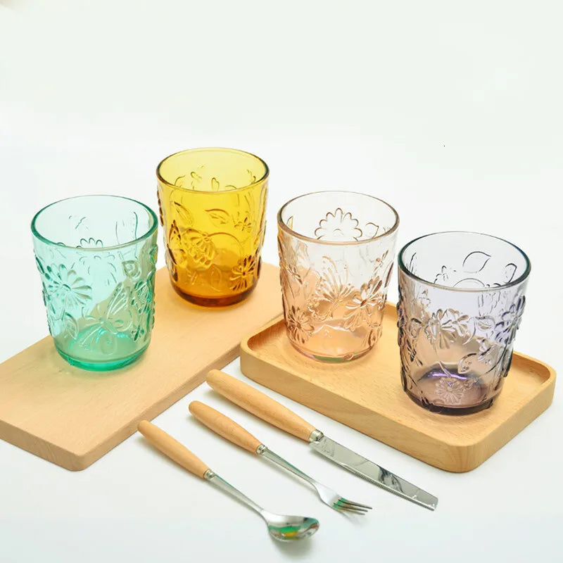 OEM Multi-Color Solid Glass Water Cup Household Heat-Resistant Thickened European-Style Relief Carved Drinking Glass