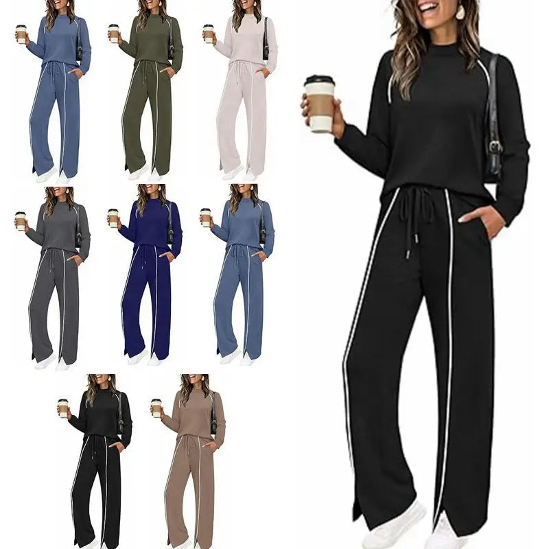 XS Spring Fall Leisure Sports Suit Solid Color Scheme Women's Clothing Hooded Long Sleeve T-Shirts Full-Length Slit Hem Trousers
