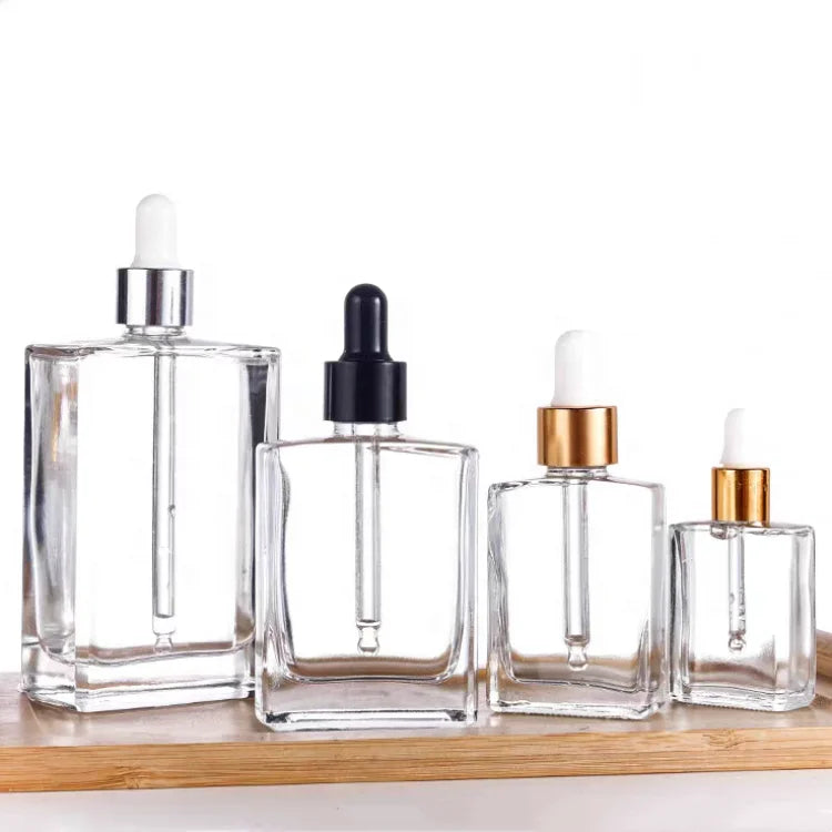 Custom Logo Clear Transparent Square Hair Oil Glass Serum Dropper Bottle Perfume Cosmetic Container 15ml 30ml 50ml 100ml