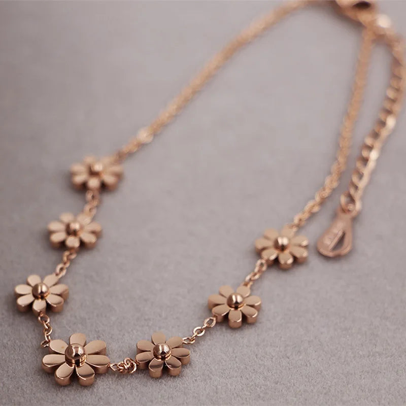 Seven Small Daisy Bracelet Female Titanium Stainless Steel 18K Rose Gold Flowers Women Anklets