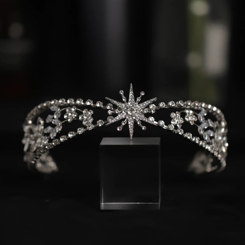Star Shape Elegant Alloy Rhinestone Hair Band Silver Metal Tiaras De Novia En Zircon Diamond Crown for Wedding Hair Accessories