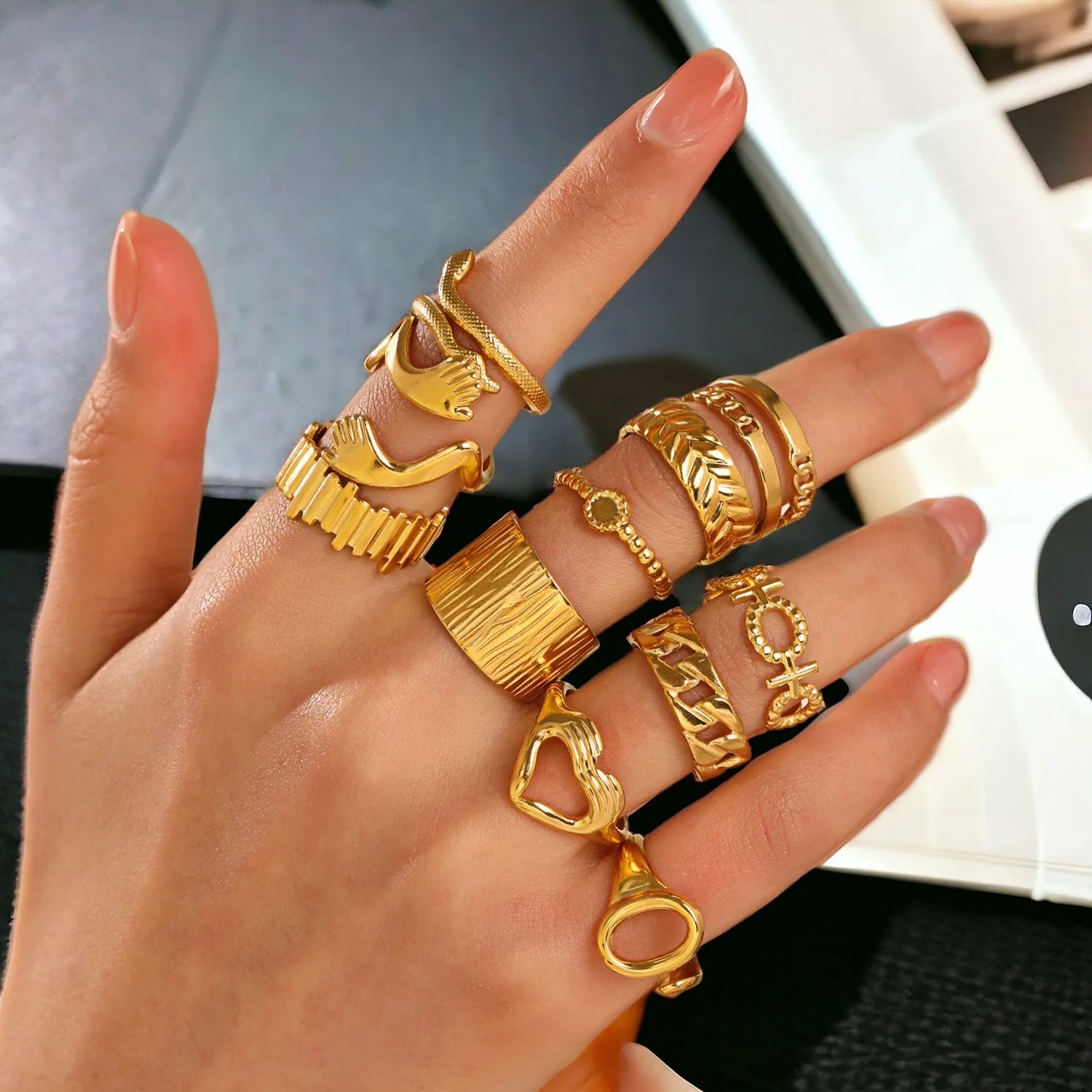 Statement Jewelry Fashion Gold-tone Ring Set Stainless Steel Stackable Adjustable Ring Band 18k Gold-plated Textured Women Rings