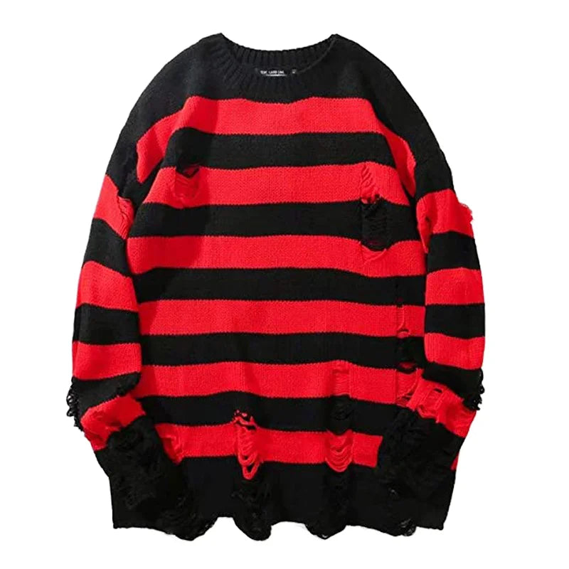 Black Red Striped Oversized Crew Neck Sweater for Men Women Washed Destroyed Ripped Knit Jumpers Hole Harajuku Style for Spring