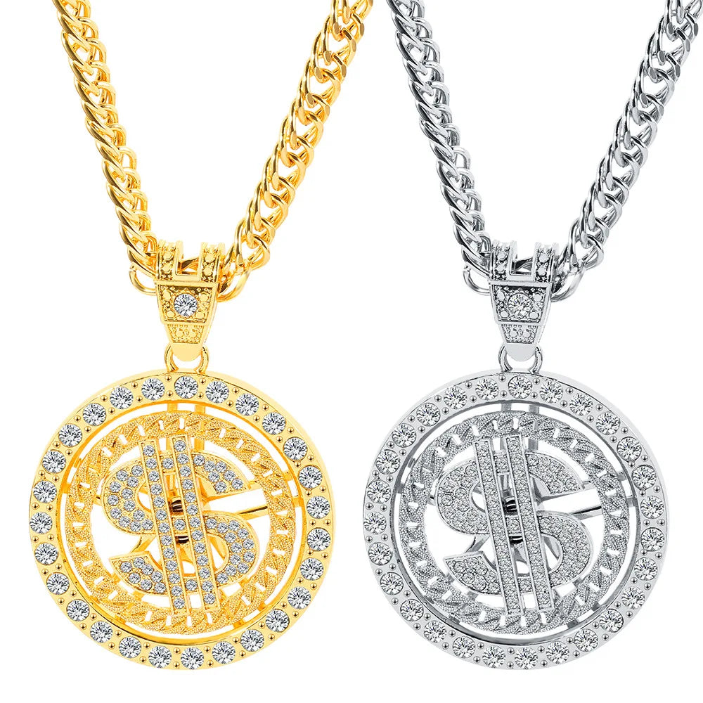 Chain With Dollar Sign Pendant Necklace Hip Hop Rotatable Dollar Necklace Rapper Costume Big Chunky Punk Neckl