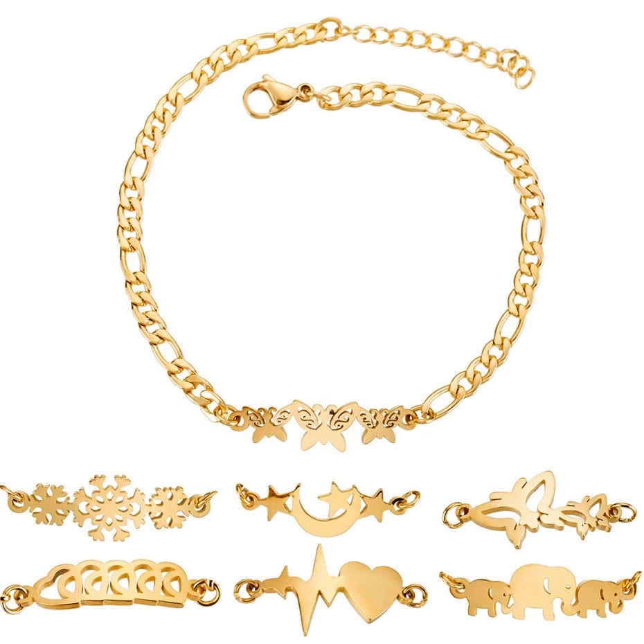 Trendy Non Tarnish 18K Gold Silver Plated Charm Elephant Moon Star Heart Butterfly Women Stainless Steel Bracelet Jewelry