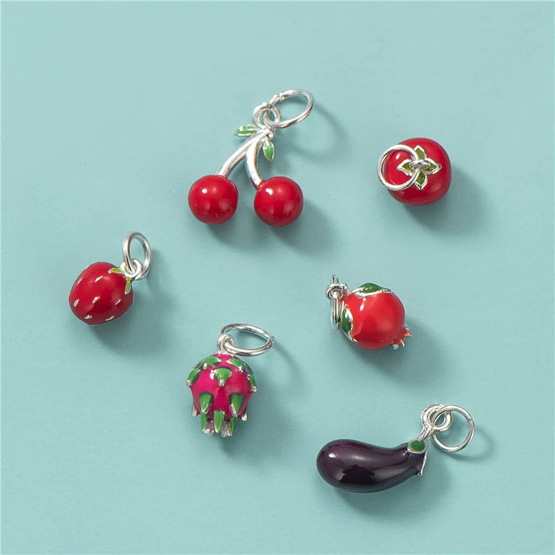 3D Enamel Fruit Pendant S925 Sterling Silver Persimmon Strawberry Cherry Pitaya Charm Pendants for Jewelry Making