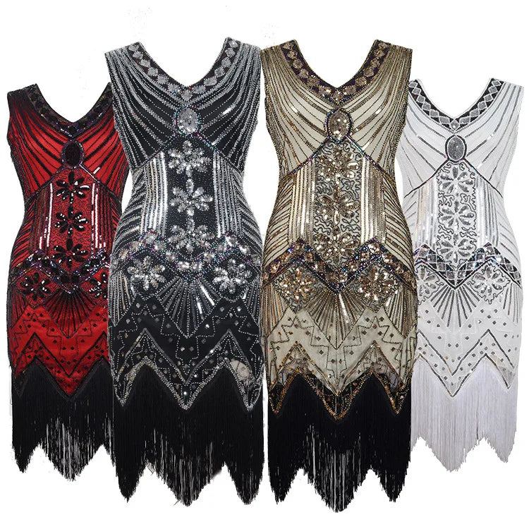 Women's 1920s Vintage Great Gatsby Dress Double V-Neck Beaded Sequin Tassel Art Deco Flapper Dress for Party for Summer
