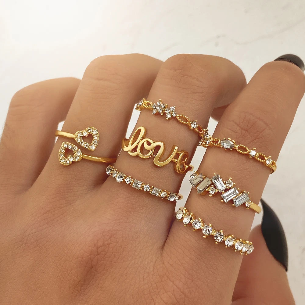 VkME Women Fashion Jewelry Rhinestone Letter Love Finger Ring Butterfly Star Moon Ring Set for Gift Wholesale