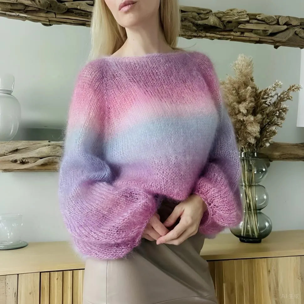2026 Supplier Ladies Jacquard Wool Mohair Sweater Custom Color Block Colorful Fuzzy Brushed Cropped Knitted Jumper Women