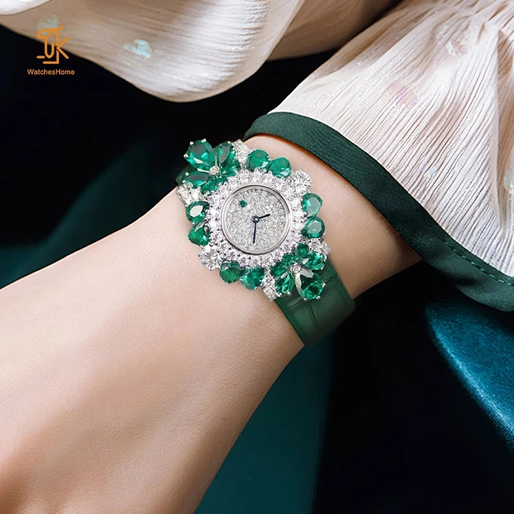 Emerald Jewelry Watch Women Swiss Quartz S925 Silver 18K Gold Plated 5A Zircon Nano Spinel Leather Wristwatch