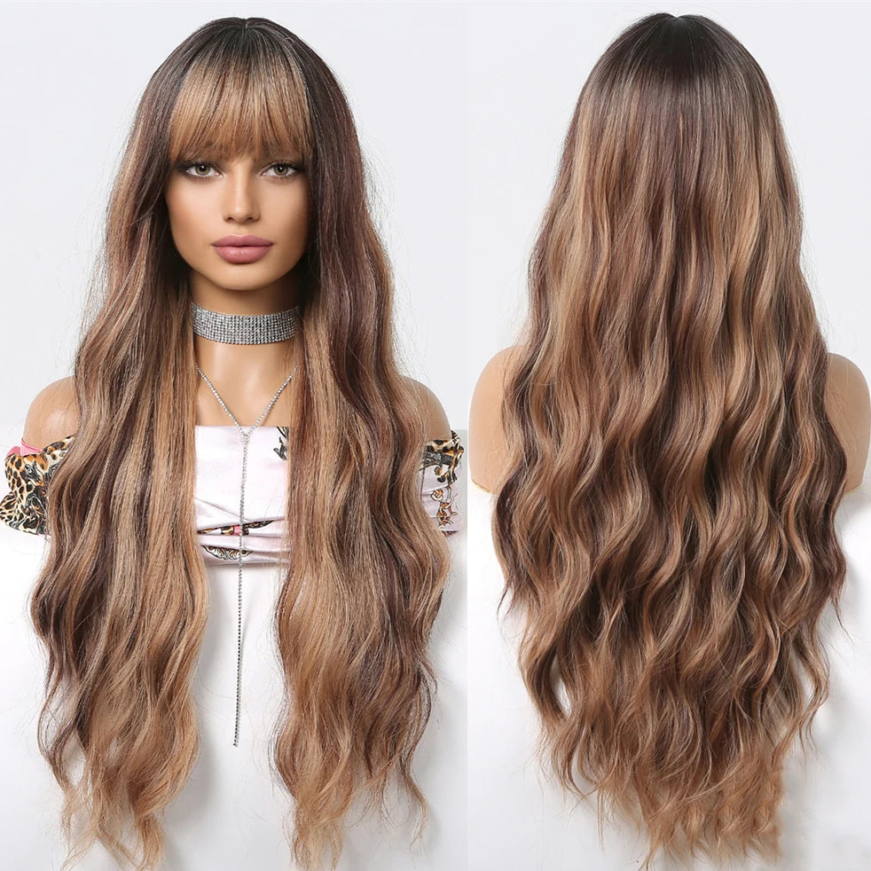 Factory Wholesale Price Mixed Brown Long Water Wave Synthetic Wigs with Bangs for Black Women  Natural Heat Resistant Fiber