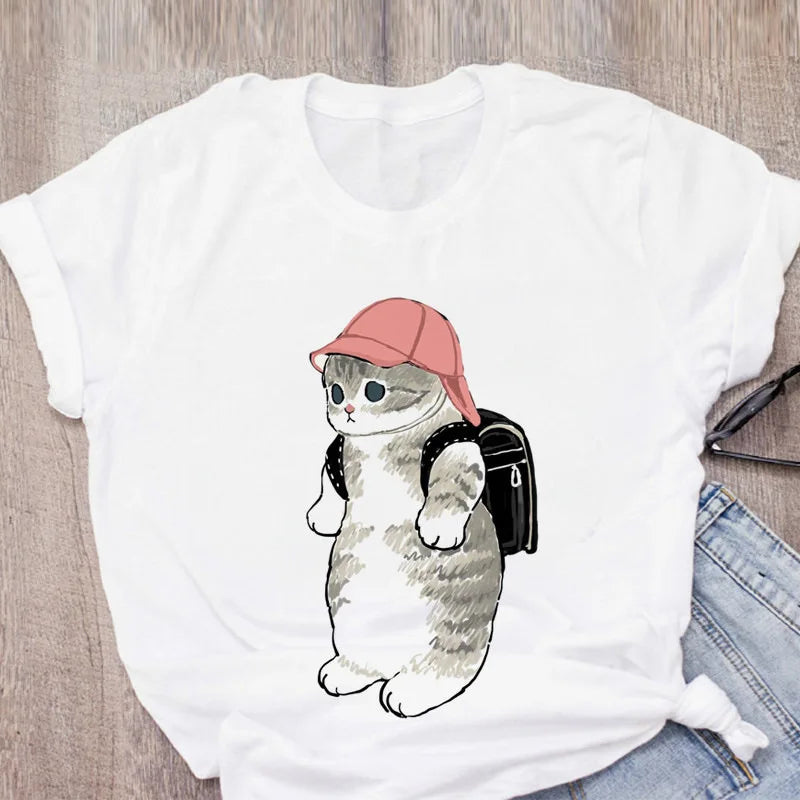 Women Cheap White Blank Tshirt Short Sleeved Printing High Quality Women's High School Student T-shirt Shirt cat Graphic Tops