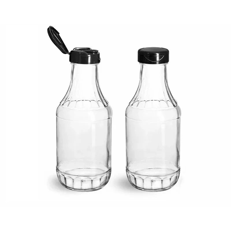 Clear Round 16oz Glass BBQ Sauce Glass Bottle Storage Terrine with Custom Lid for Blueberry Ketchup Honey Spicy Hoisin