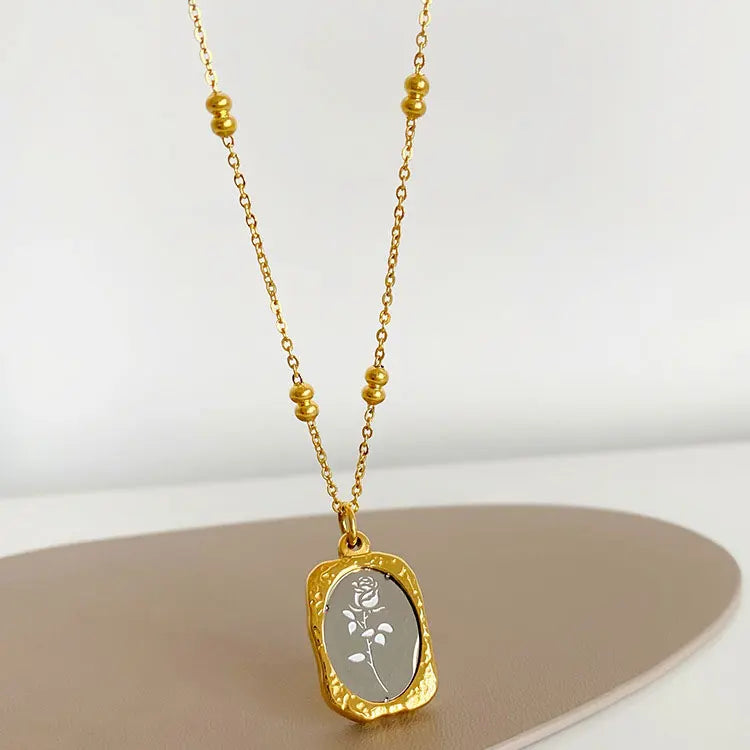 Luxury Oval Silver Mirror Rose Flower Necklace Round Beads Sweater Chain Retro Irregular Square Relief Stainless Steel Necklace