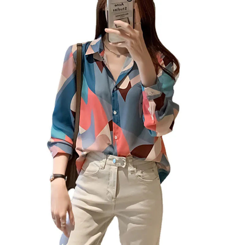 RNSHANGER Autumn New Printed Women Shirts Korean Turn-down Collar Single-breasted Slim Blouse Tops Loose Long Sleeve Women Shirt