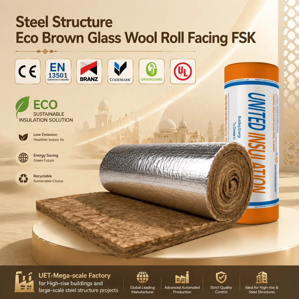 UET Big Building Project Heat Insulation Material R1.3 Aluminum Foil Veneer Sarking Eco Brown Glass Wool Blanket 50mm