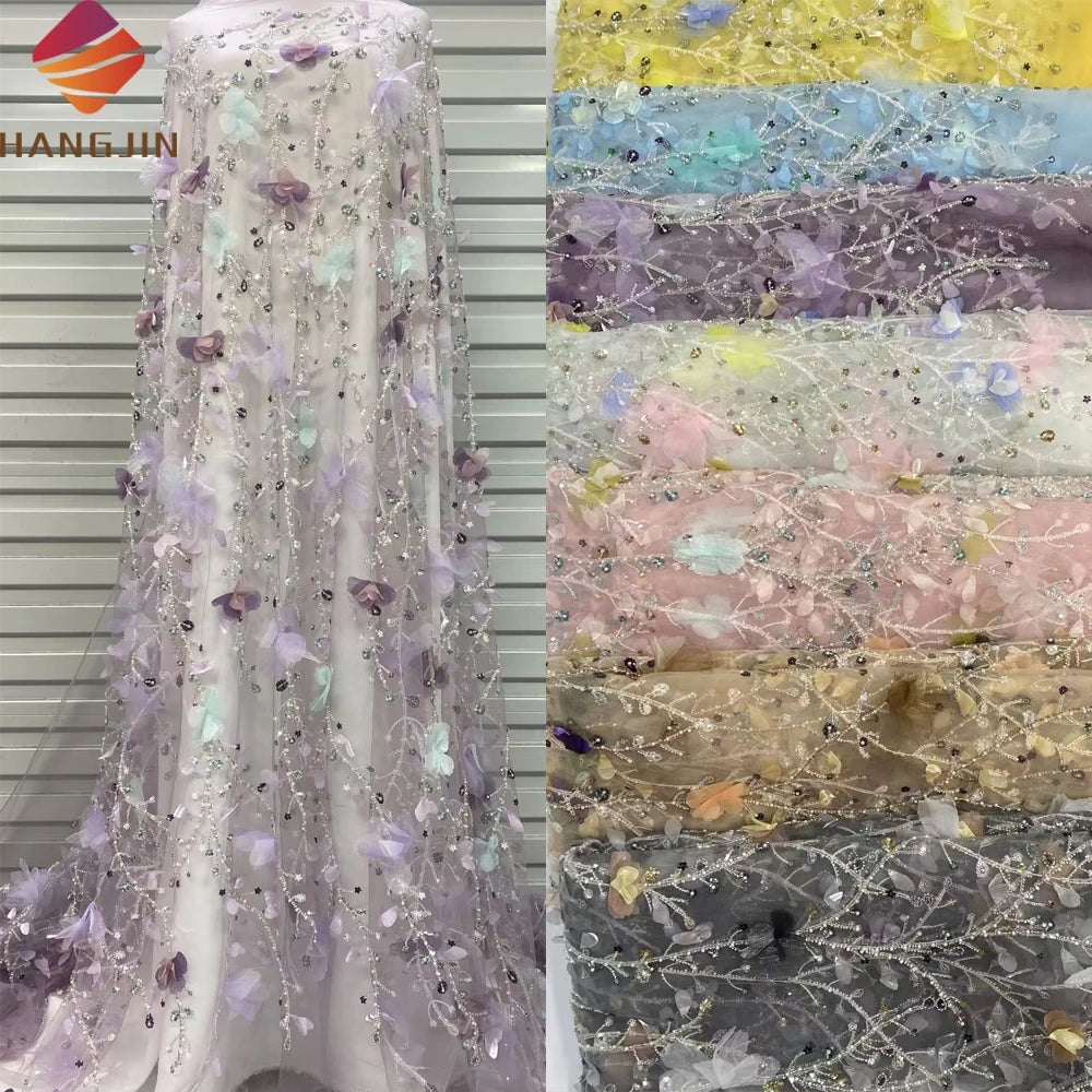 2025 Latest Design French Beads Lace Fabric 3D Floral Embroidered Tulle with Sequins Luxury 3D Flower Lace for Wedding Dresses