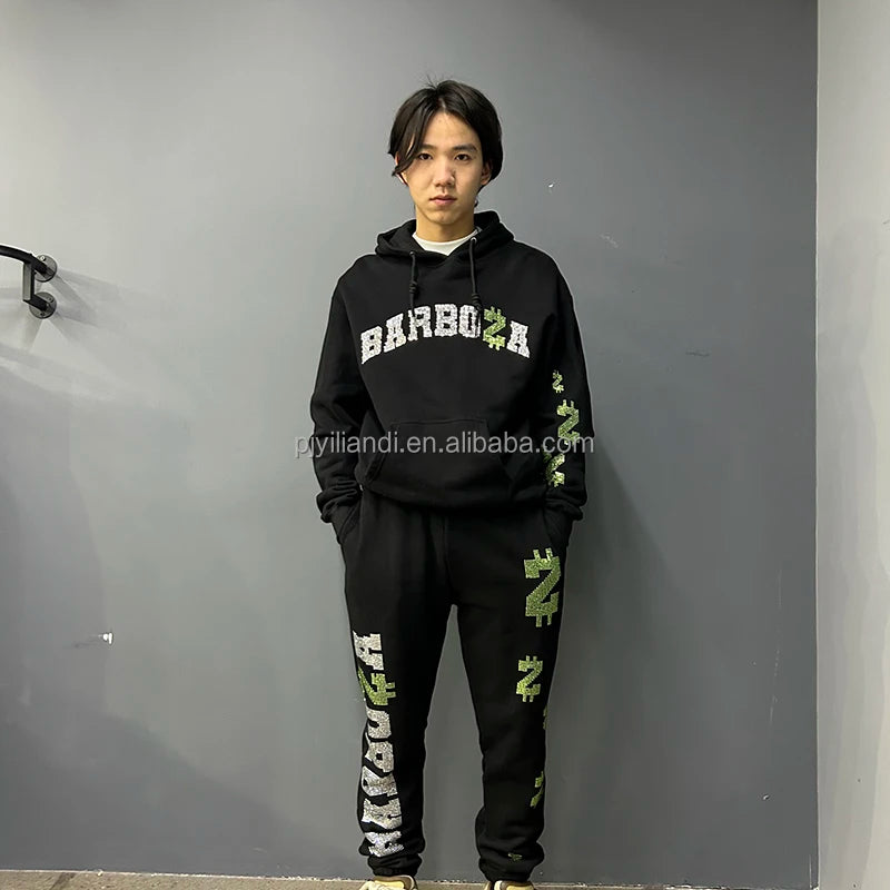 Custom Men's Hoodies Sweatshirts Suit High Quality Oversized Tracksuit Custom Rhinestone Logo Sweatpants and Hoodie Set Men
