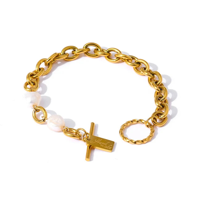 JINYOU 1365 Elegant Freshwater Pearl Jewelry Metal 18K Gold Plated Bracelet for Women 316 Stainless Steel MegaBDM