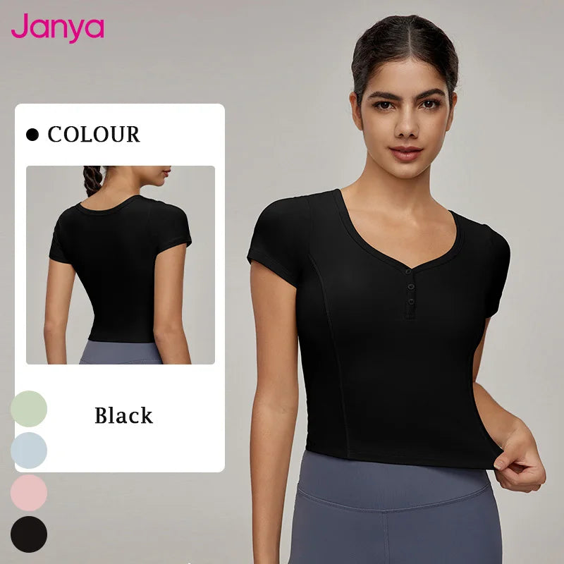 Janya New Casual Sports Tops Summer Women Shirt Waist Slimming Fitness Top Sexy Yoga Workout Short Sleeve Shirt With Fixed Pads MegaBDM
