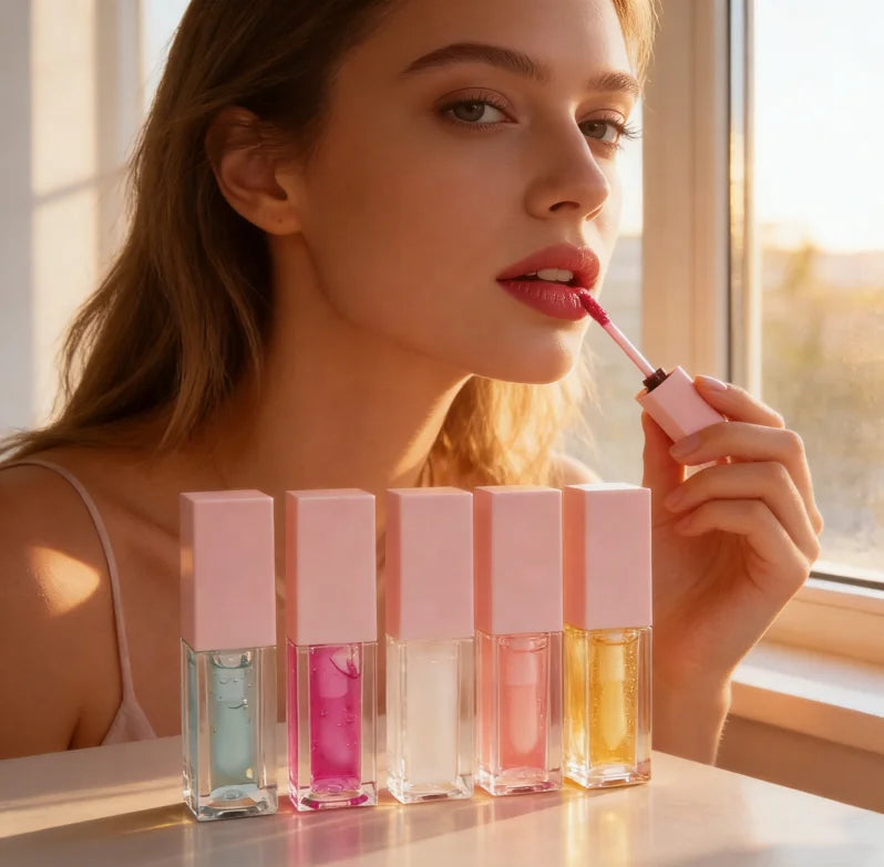 Wholesale Private Label Vegan Glossy Lipgloss Clear Lipgloss Base with Matte Plumping Glitter Features in Herbal-Infused Box