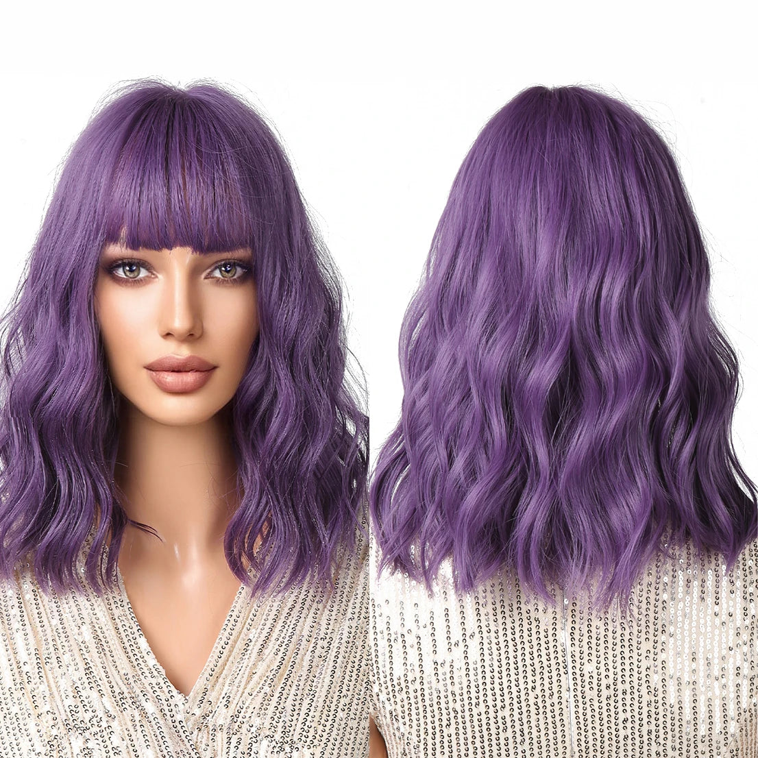 In-stock MOQ1 Shoulder Long Purple Wig Synthetic Bob Curly Wigs for Black Women Heat Resistant Hair Wig with Bangs