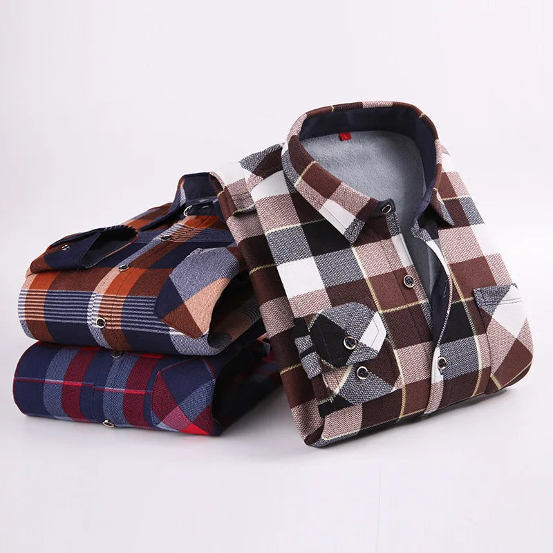 MS-53 Men's Winter New Style Plus Velvet Thick Warm Long-sleeved Plaid Shirt Middle-aged Business Plus Size Fashion Slim Shirt