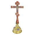 HT 2026 New 34cm Russian Orthodox Standing Cross Blue/Red Enamel Gold Tone Alloy Crucifix with Saint Icons for Home Prayer Room
