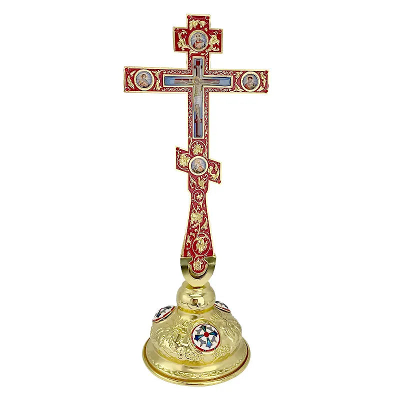 HT 2026 New 34cm Russian Orthodox Standing Cross Blue/Red Enamel Gold Tone Alloy Crucifix with Saint Icons for Home Prayer Room