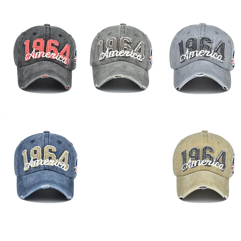 Classic 3D Embroidered 1964 America Washed Denim Vintage Street Style Unisex Denim Wash Damage Effect Cotton Sports Baseball Cap
