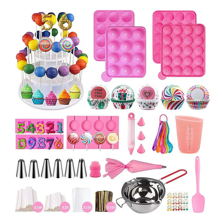Hot Sale Cake Pop Maker Kit 556Pcs Cake Pop Maker Set Baking Silicone Lollipop Mold  With 3 Tier Cake Stand