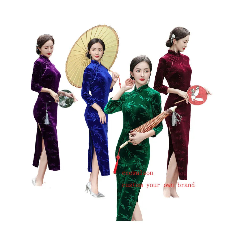 Ecowalson  Chinese Vintage Qipao Dress Traditional Velvet Long Cheongsam Autumn Winter  Stage Performance Show Costume