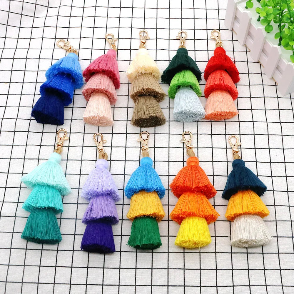 Hot Selling 3 Layer Tassel Gold Keychain Cute Bag Charms Bohemian Purse Tassel Cotton Keychain for Bag