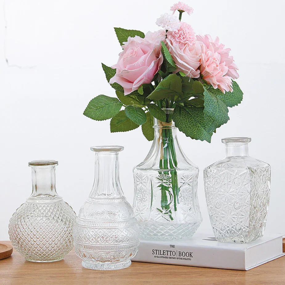 Modern Mini Square Flower Glass Tabletop Vase Long Neck Relievo Anaglyph Wedding Indoor Home Living Room Bedroom Office Parties