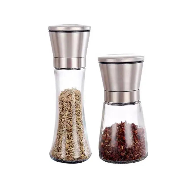 Stock Empty Sea Salt Pepper Grinder Glass Bottle with Stainless Steel Cap Ceramic Blades