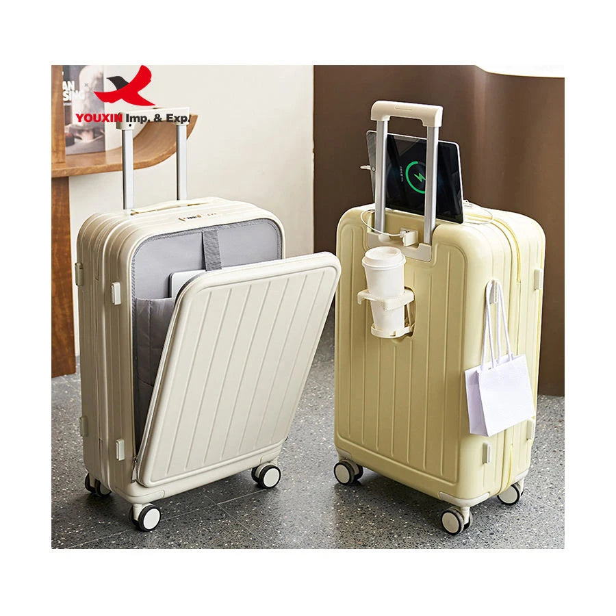 Gift Custom New Designer Front Open Smart Trolley Case with USB Port  Cup Holder & Waterproof Feature Smart Luggage Suitcase
