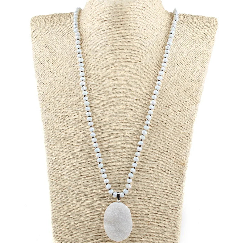 Beautiful Bohemian Women Jewelry 6mm Knotted Crystal Glass Necklace Oval Druzy Pendant Necklace