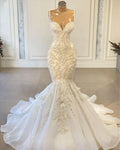 Luxury Mermaid African Women Wedding Dresses Beaded Embroidery Sexy White Vintage Lace Organza Bridal Wedding Gown MW372