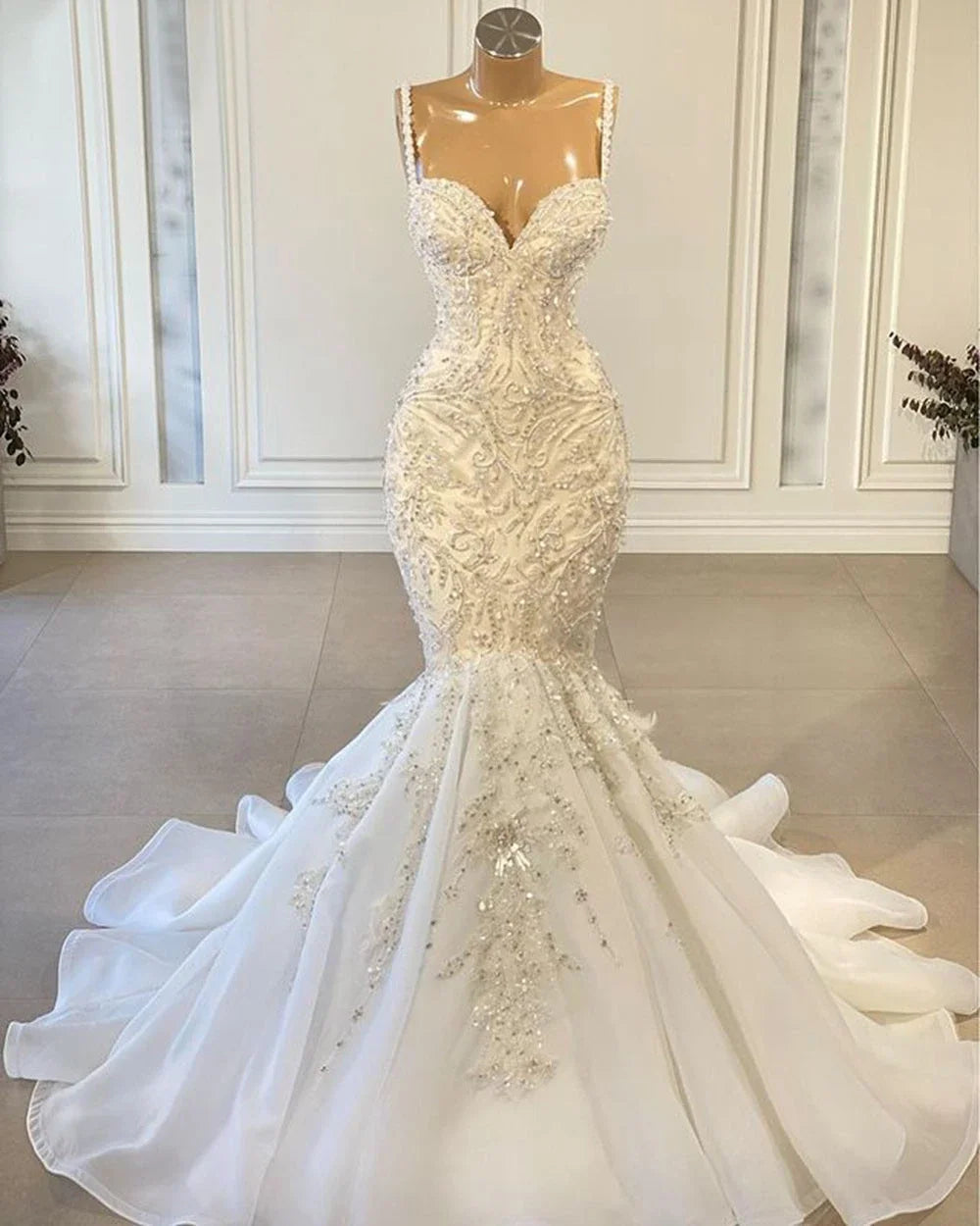 Luxury Mermaid African Women Wedding Dresses Beaded Embroidery Sexy White Vintage Lace Organza Bridal Wedding Gown MW372