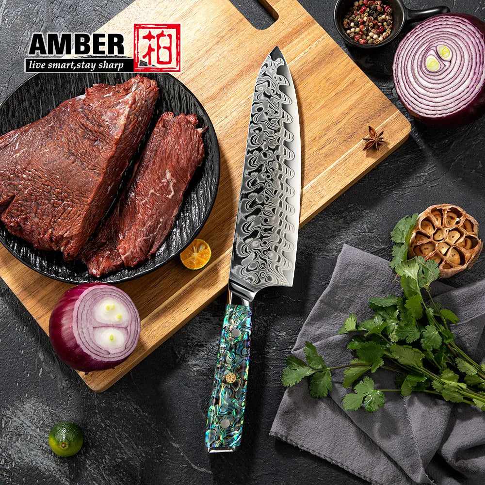 Hot Selling Abalone Handle AUS10 45layers High Carbon Damascus sharp Kitchen Knife with Custom logo