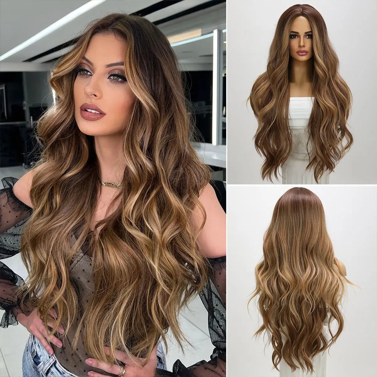 2025 New Style Women Hair Extensions Breathable Invisible Synthetic Brown Long Wave Curly Hair Wig for Women